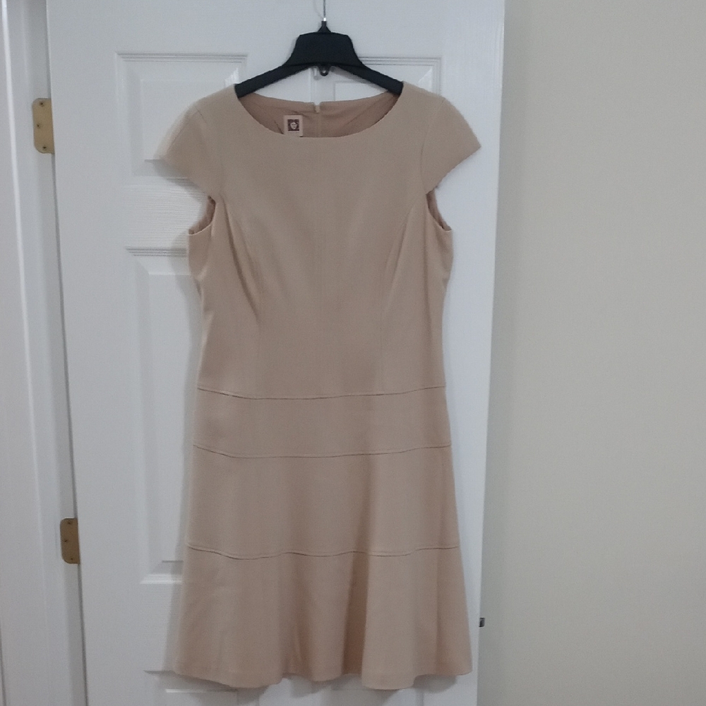 Anne Klein Neutral Beige Cap-Sleeve Midi Dress
